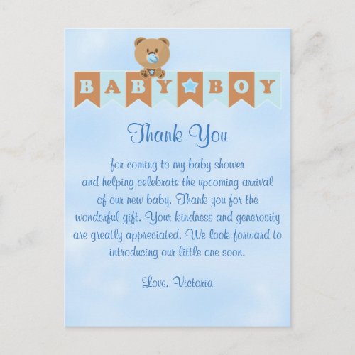 Baby Shower Thank You Its a Boy Baby Boy Teddy Be Postcard