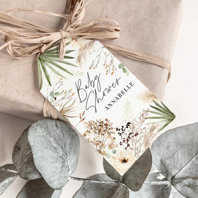 Baby shower thank you modern pampas grass foliage gift tags | Zazzle