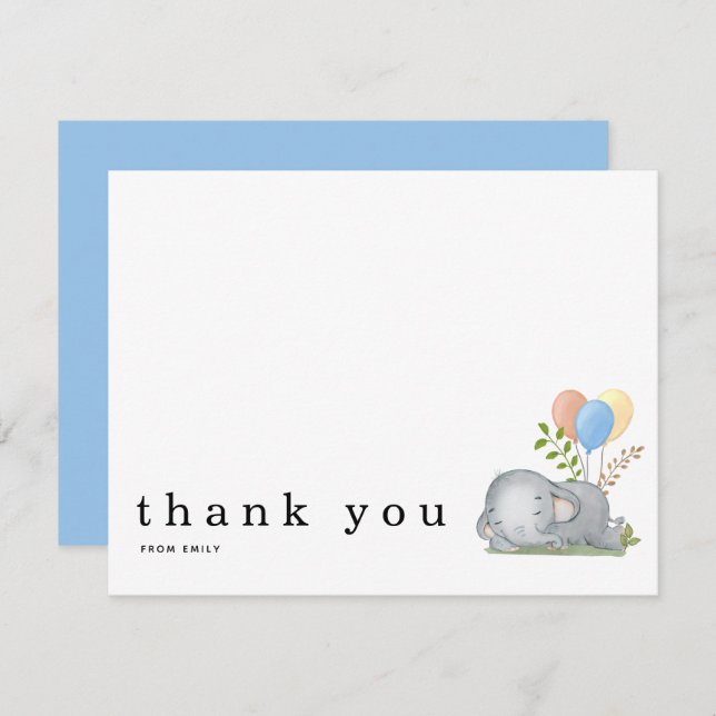 Baby Shower Thank You Name Sleeping Elephant Blue Note Card (Front/Back)