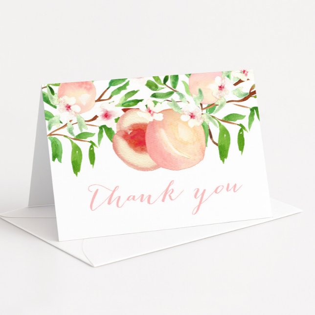 Baby Shower Thank You Notes, Peach Orchard Card (Sweet as a peach folding thank you card design featuring pretty watercolor peaches and leaves)