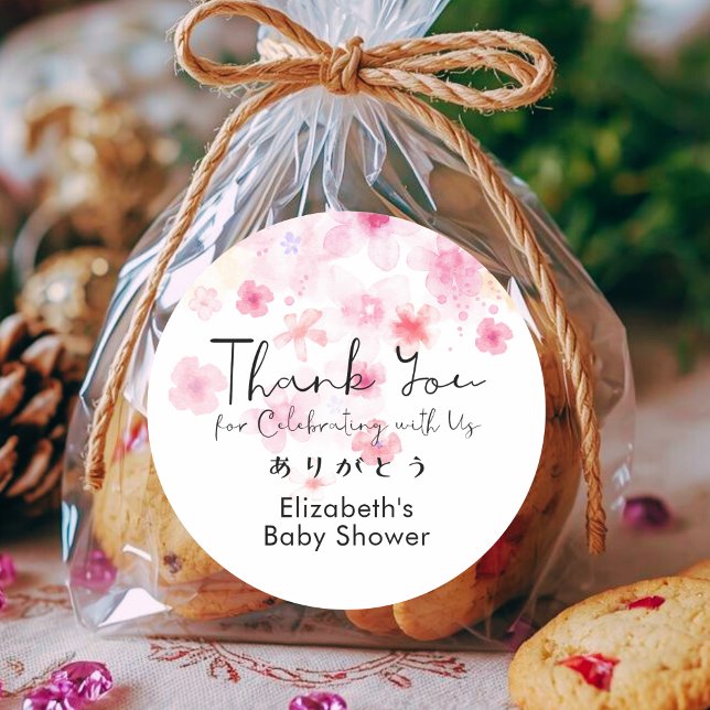 Baby Shower Thank You Pink Floral Cute Script Classic Round Sticker (Creator Uploaded)