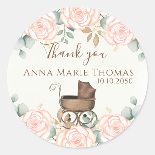 Baby Shower Thank You Pink Watercolor Flowers  Classic Round Sticker