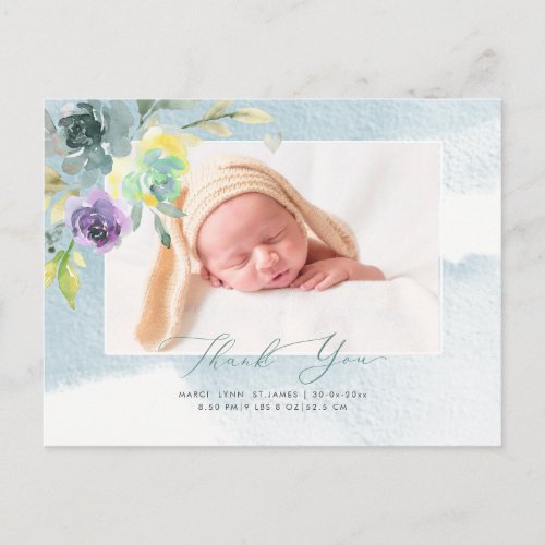 Baby Shower Thank You Watercolor Dusty Blue Peony Postcard