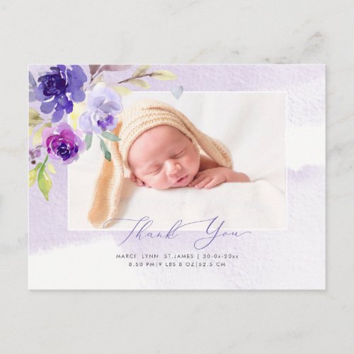 Baby Shower Thank You Watercolor Violet Roses Postcard