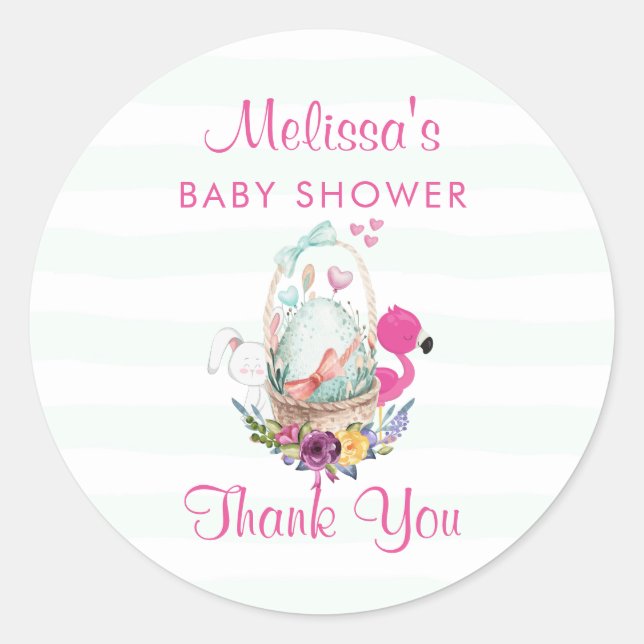 Baby Shower Thanks Egg Flamingo & Bunny Classic Round Sticker (Front)