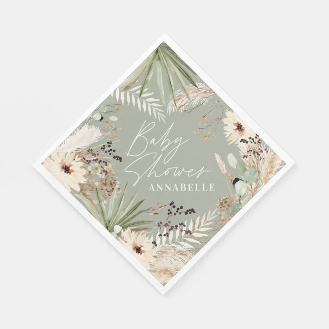 Baby shower thankyou modern pampas sage green napkins (Corner)