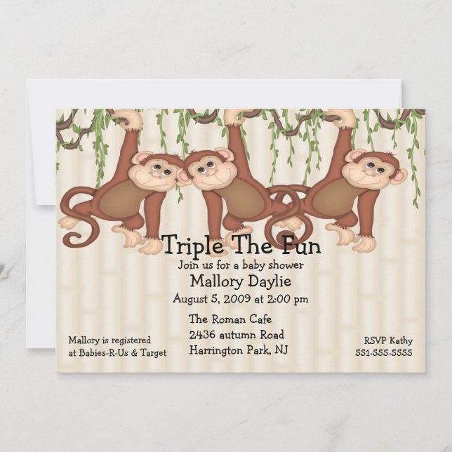 Baby Shower Triplet Monkeys Invitation (Front)