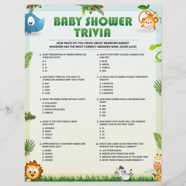 Baby Shower Trivia Baby Shower Game [Animal Theme] Letterhead (Front)