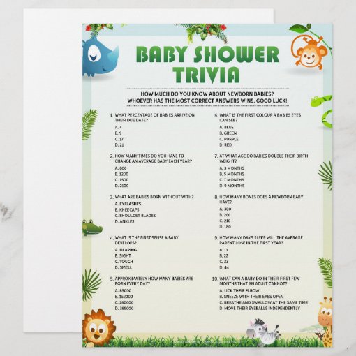 Baby Shower Trivia Baby Shower Game [Animal Theme] Letterhead Zazzle