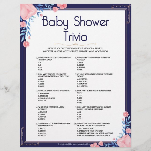 Baby Shower Trivia [Floral Frame] Letterhead (Front)