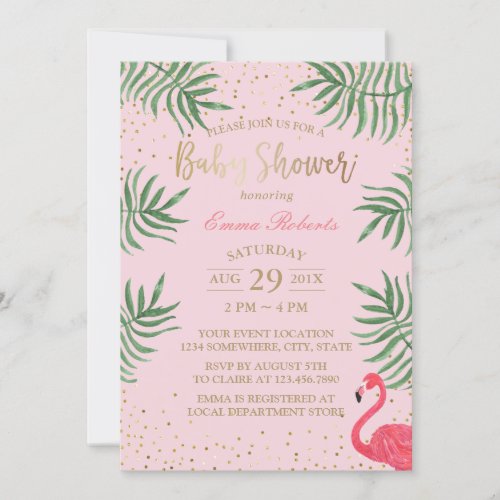 Baby Shower Tropical Flamingo Gold Confetti Invitation