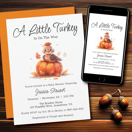Baby Shower Turkey Thanksgiving Watercolor Invitation