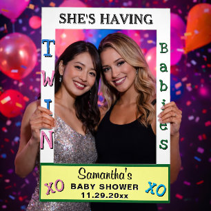 Baby Shower Twin Babies Pink Blue Yelllow Green Selfie Frame