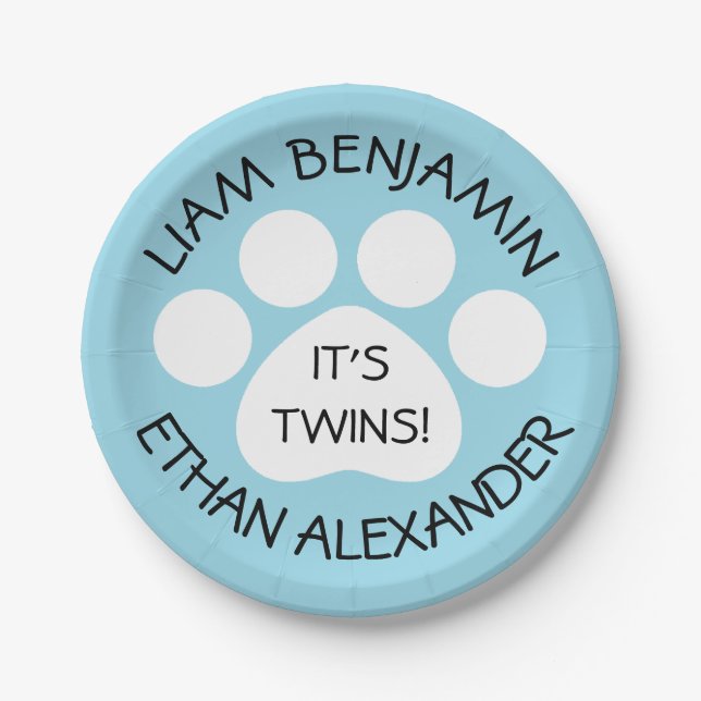 Baby Shower - Twin Boys - Paw Print Theme Paper Plates (Front)