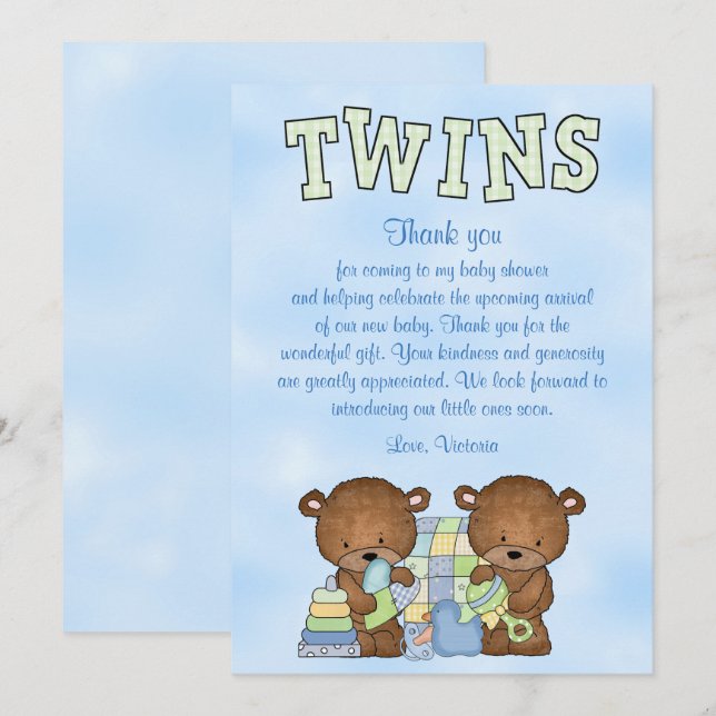 Baby Shower Twin Boys Teddy Bear Invitation (Front/Back)