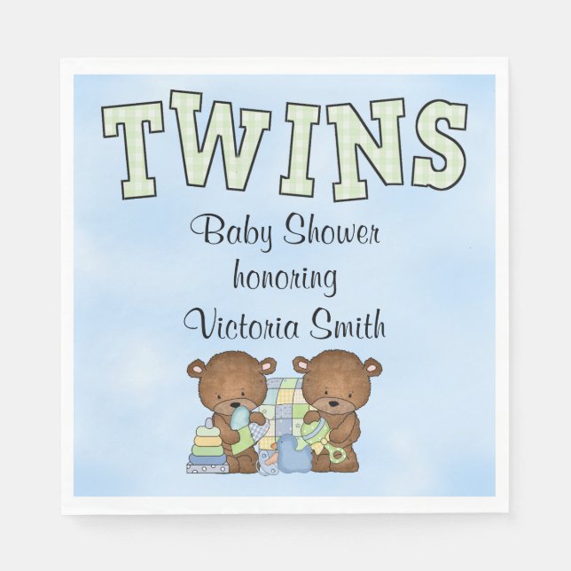 Baby Shower Twin Boys Teddy Bear Napkins (Front)