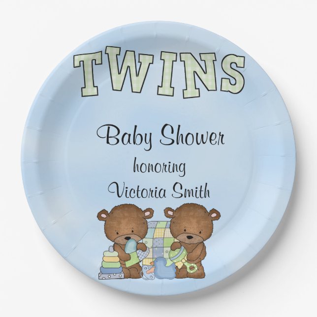 Baby Shower Twin Boys Teddy Bear Paper Plates (Front)