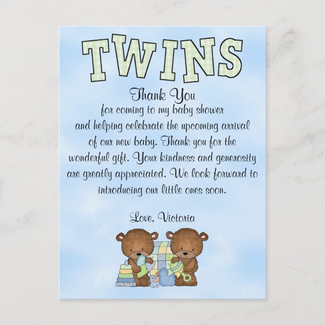 Baby Shower Twin Boys Teddy Bear Postcard (Front)