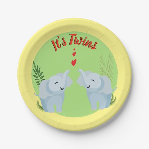 Baby Shower Twin Elephant Yellow Paper Plates