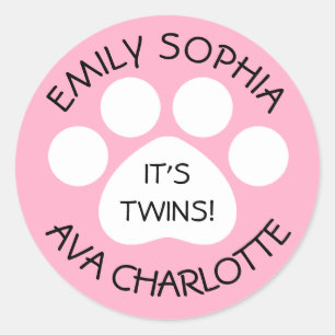 Baby Shower - Twin Girls - Paw Print Theme Classic Round Sticker