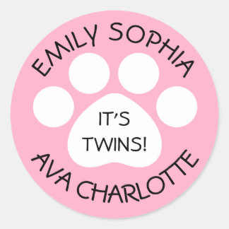 Baby Shower - Twin Girls - Paw Print Theme Classic Round Sticker