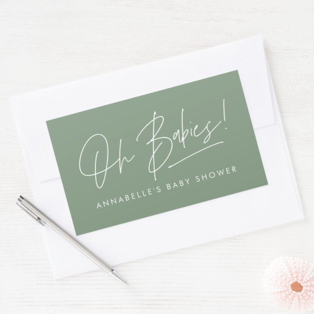 Baby shower twin modern sage green elegant rectangular sticker (Envelope)