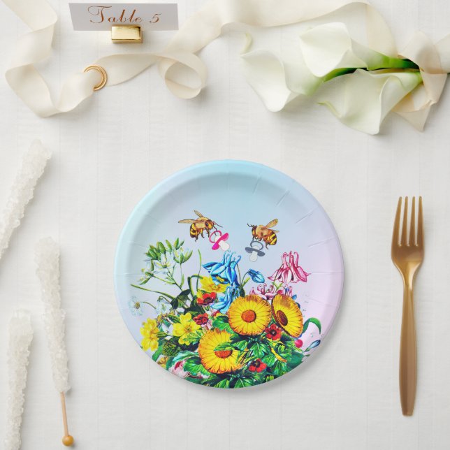  Baby Shower Twins Bees  Floral Pacifier Paper Plates (Wedding)