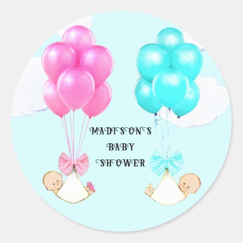 Baby Shower Twins Boy Girl Balloons Classic Round Sticker