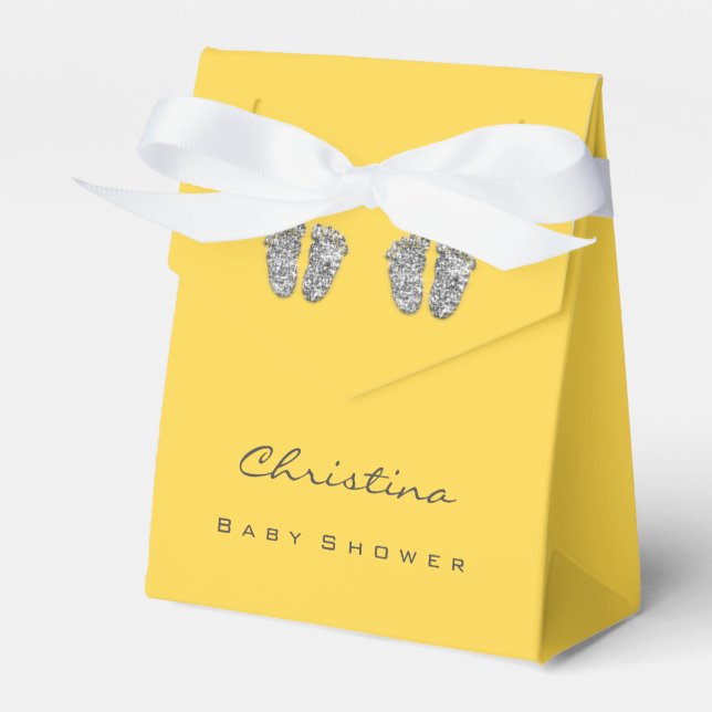 Baby Shower Twins Feet Drips GlitterSilver Yellow Favor Boxes (Front Side)