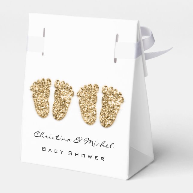Baby Shower Twins Feet Glitter Gold White Favor Boxes (Back Side)
