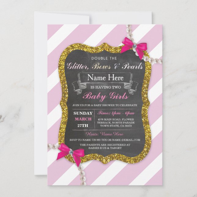 Baby Shower Twins Pink Stripe Glitter Girls Invite (Front)