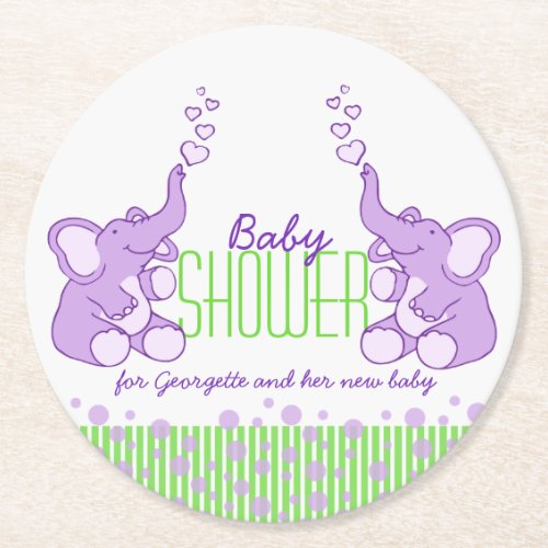 Baby shower two elephants green purple round paper coaster