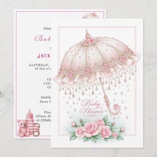 Baby Shower Umbrella Raindrops Pink Roses Invitation