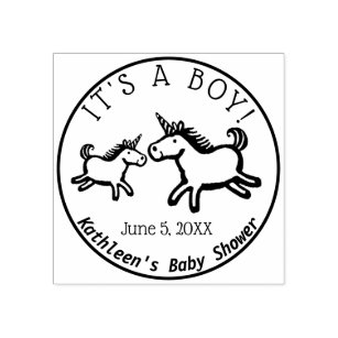 Baby Shower Unicorn It's a Boy Monogram Rubber Stamp