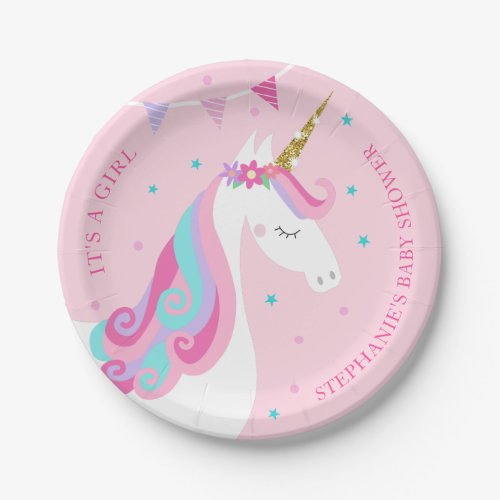Baby Shower Unicorn Pink Personalized Paper Plates