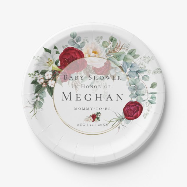 Baby Shower | Vibrant Red Peony Bouquet Paper Plates (Front)