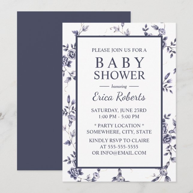 Baby Shower Vintage Blue & White Floral Invitation (Front/Back)