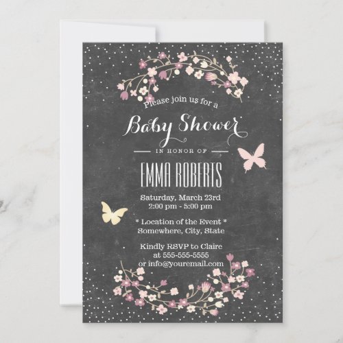 Baby Shower Vintage Chalkboard Butterfly  Flowers Invitation