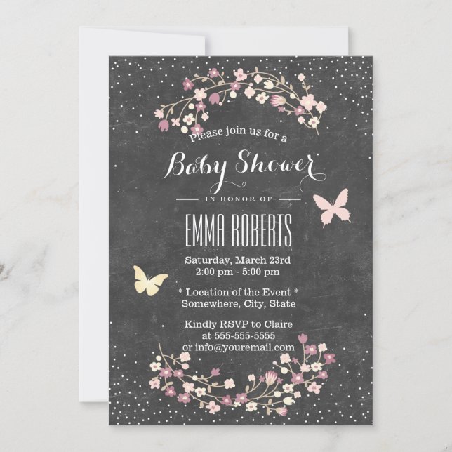 Baby Shower Vintage Chalkboard Butterfly & Flowers Invitation (Front)