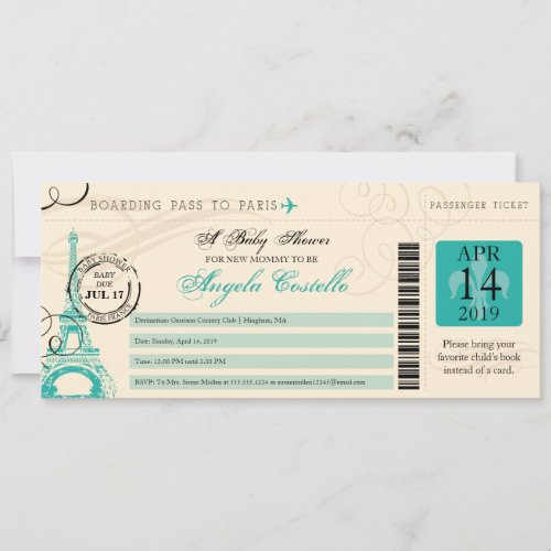 Baby Shower Vintage Paris Boarding Pass Invitation