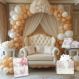 Baby Shower Vintage Pink Bear Pretty Flowers Wrapping Paper