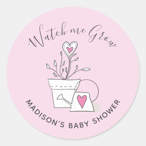 Baby Shower Watch me Grow Pink Heart Plant Classic Round Sticker