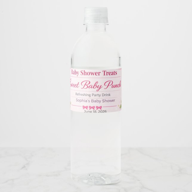 Baby Shower Water Bottle Labels Pink Bow | Custom (Front)