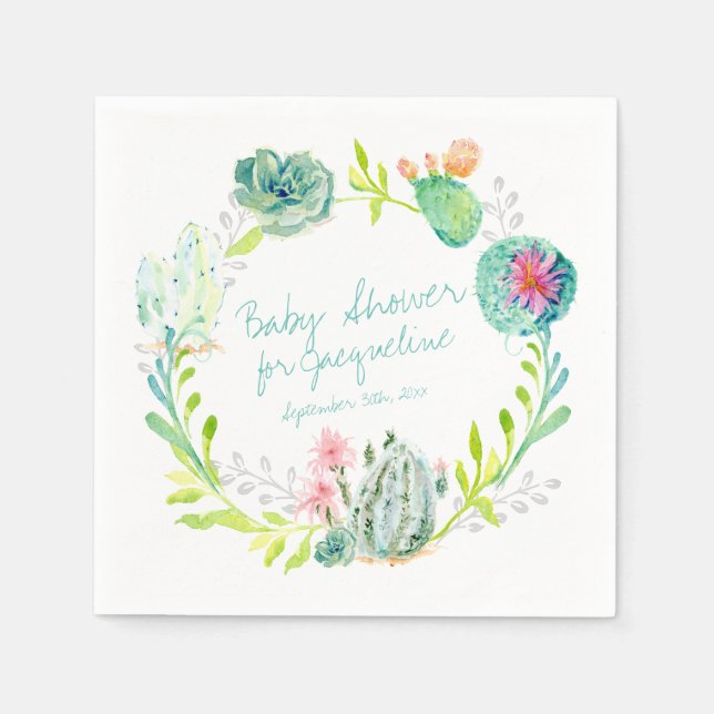 Baby Shower Watercolor Art Cactus Succulent Desert Paper Napkins (Front)