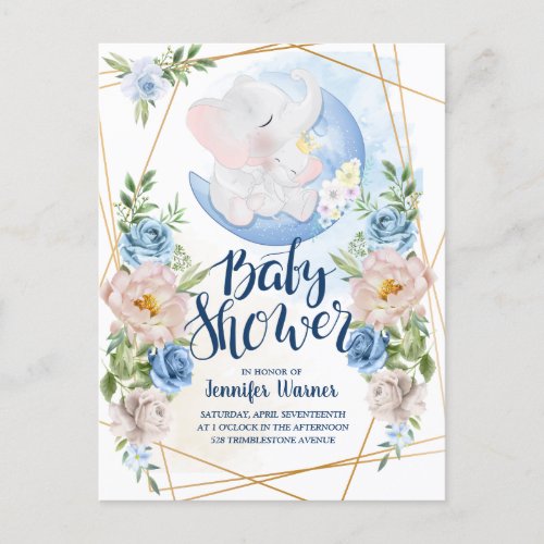 Baby Shower  Watercolor Blue Elephant Invitation Postcard