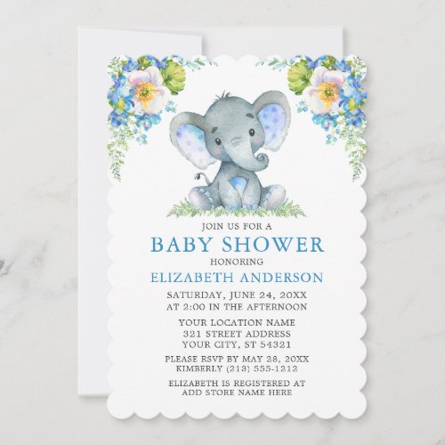 Baby Shower Watercolor Blue Floral Elephant Invitation