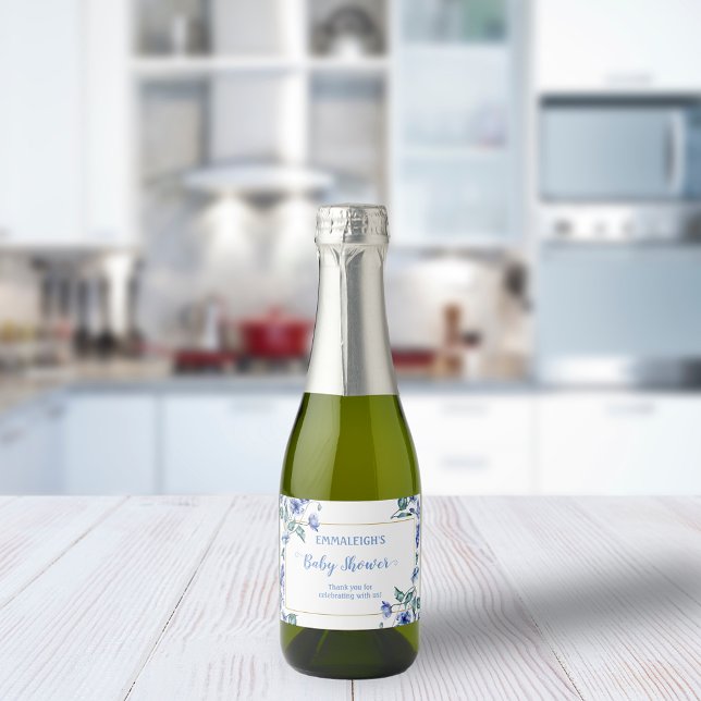 Baby Shower Watercolor Blue Floral Sparkling Wine Label (Creator Uploaded)