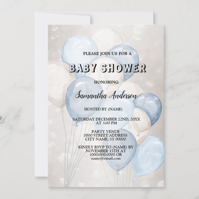 Baby Shower Watercolor Blue White Balloons Party Invitation (Front)