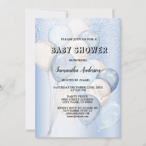 Baby Shower Watercolor Blue White Balloons Party Invitation