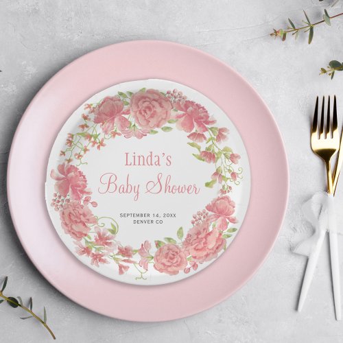Baby shower watercolor blush pink floral paper plates